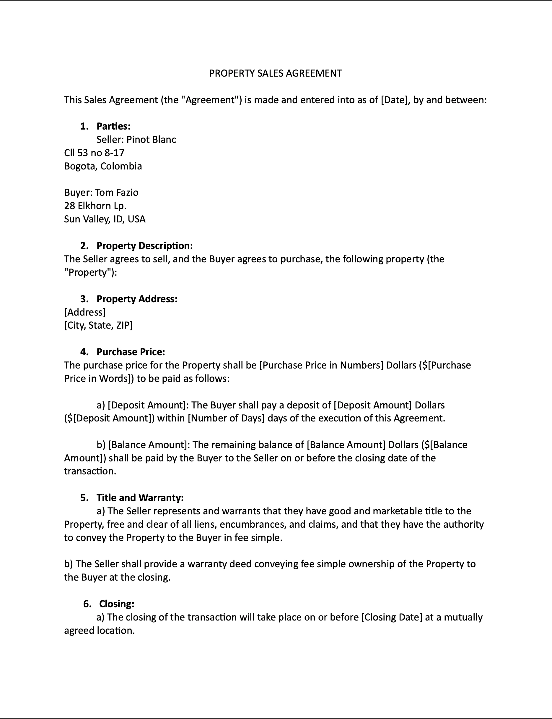 sales agreement example